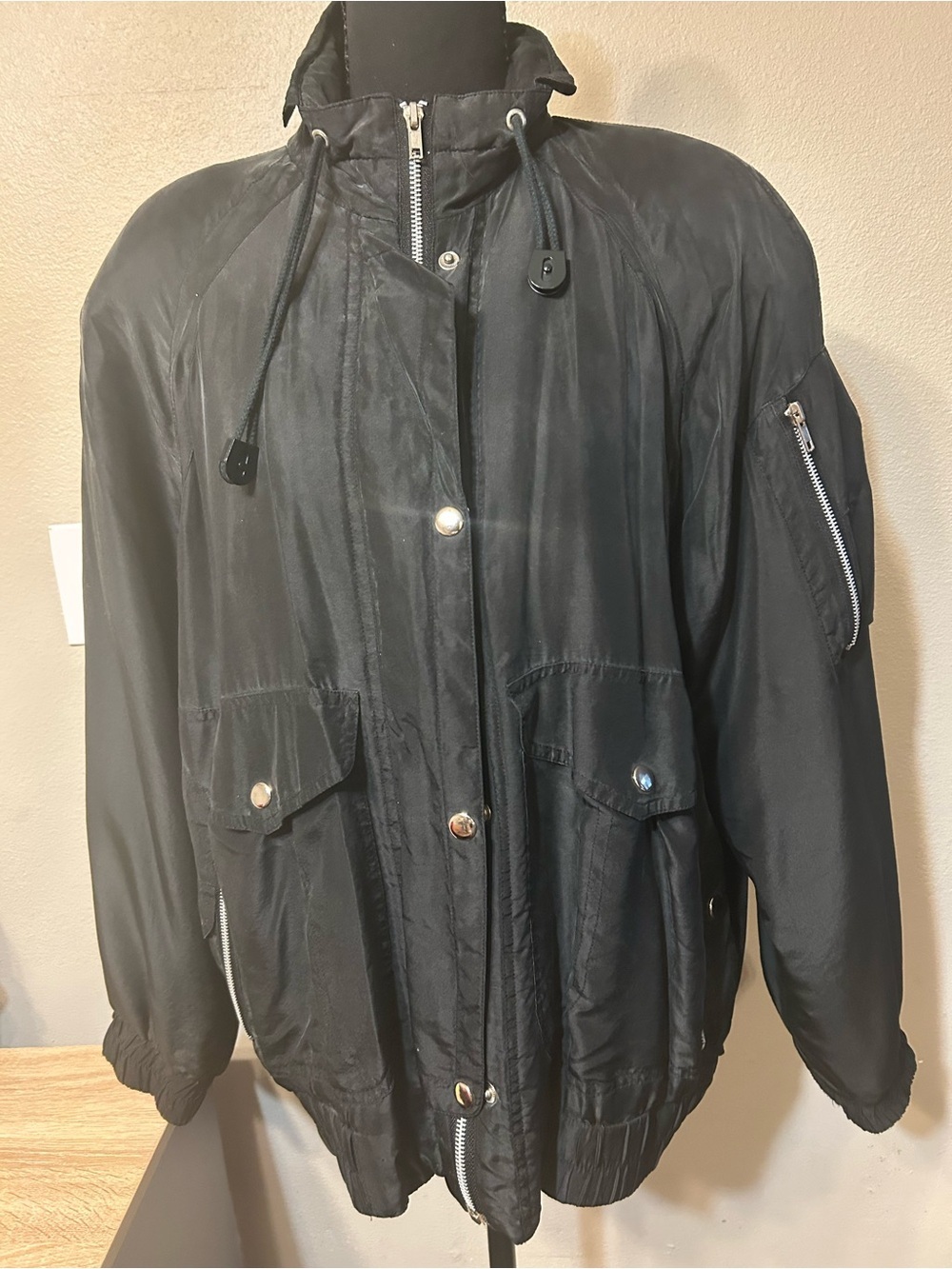 Vintage Silk Black Bomber Jacket with Zip Pockets - Picture 2 of 6